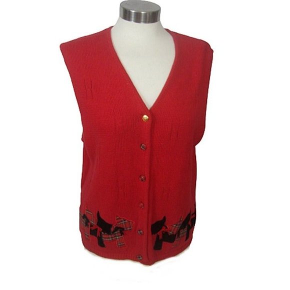 Marisa Christina vintage Women ugly Christmas Sweater Scottie Dog button vest L - Picture 1 of 10